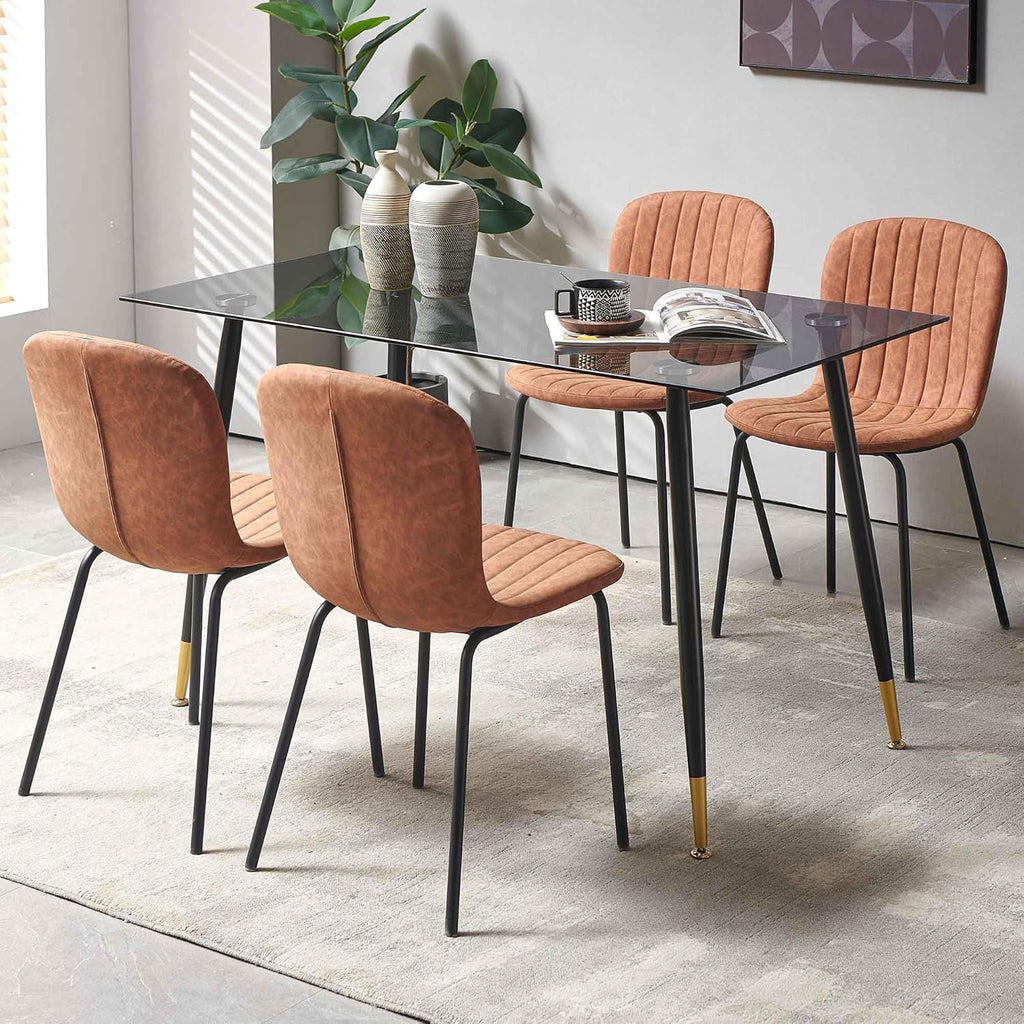Dining Chair Set of 4, Upholstered PU Leather Seat with Black Metal Legs,Modern Comfortable Kitchen Chair, Curved Backrest Dining Chair for Dining Room Living Home(Mid-Century Brown)
