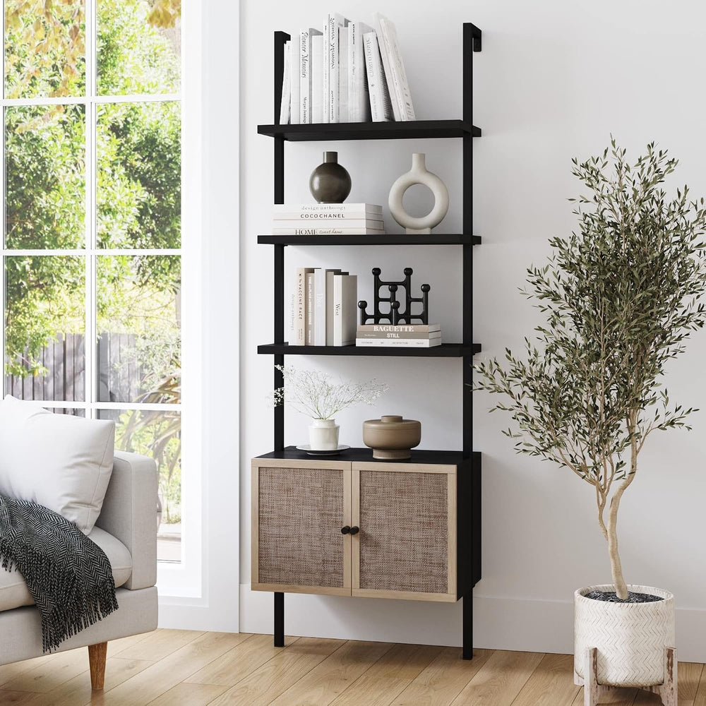 Nathan James Theo Modern Bookcase with Rattan Cabinet in Matte Black and Ligh...