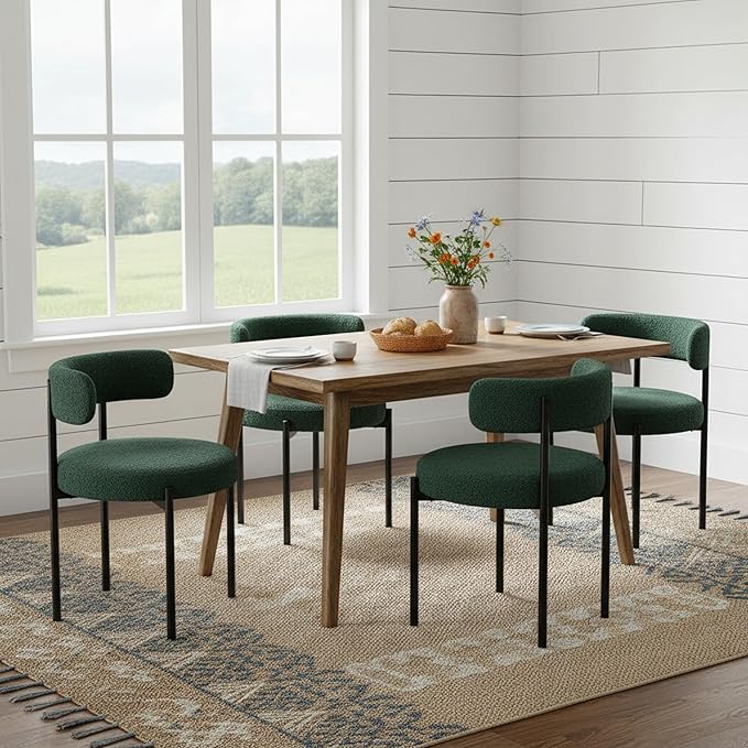 Boucle Dining Chairs Set of 2, Green Dining Chairs with Upholstered Seat and Round Back, Mid-Century Modern Kitchen Chairs for Dining Room, Restaurant
