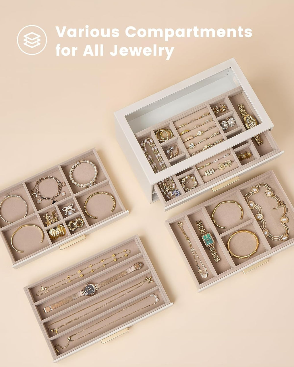 Lolalet Jewelry Box Organizer, 4-Layer Jewelry Organizers and Storage Case with Glass Lid, Ring Earring Bracelet Necklace Holder Organizer, Birthday Christmas Gifts for Women Girls -4Layer, Beige