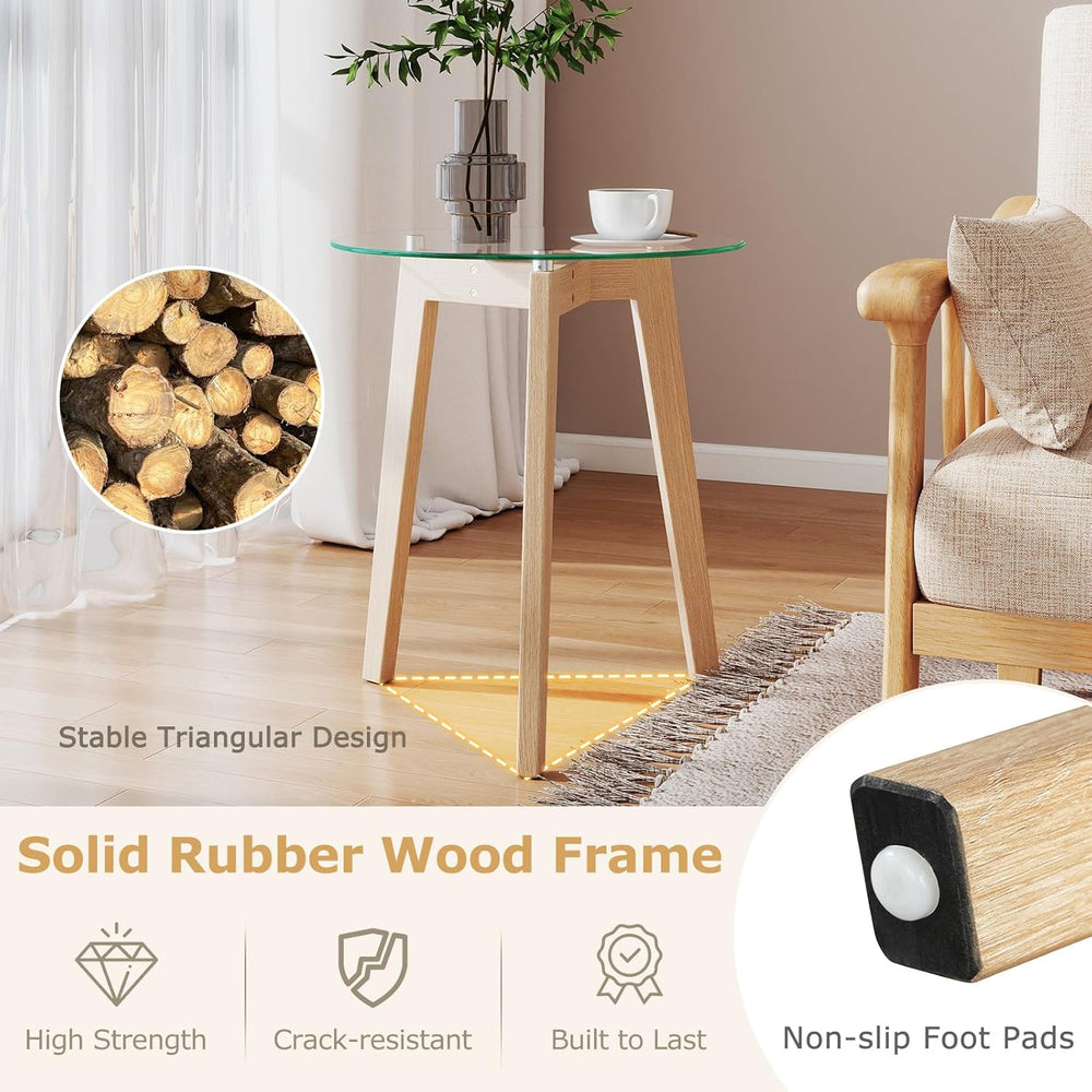 GOFLAME Glass End Table, 21” Round Couch Sofa Side Table with Solid Rubber Wo...