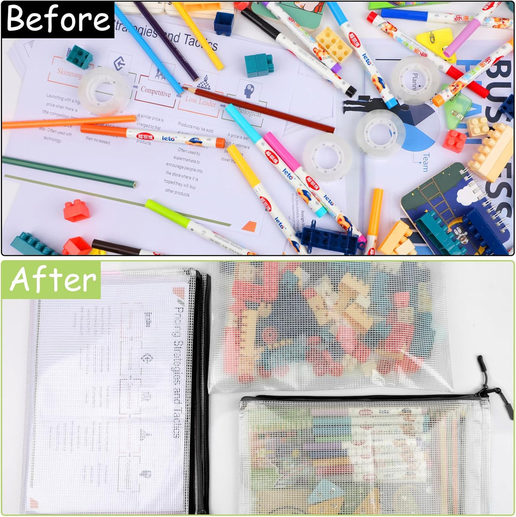 24pcs Mesh Zipper Pouches, A3 Size 17 x 12 inches Waterproof Black Zipper Bags, Water-Resistant Plastic Zipper Pouch for School Office Supplies, Puzzles & Games Organizing Storage