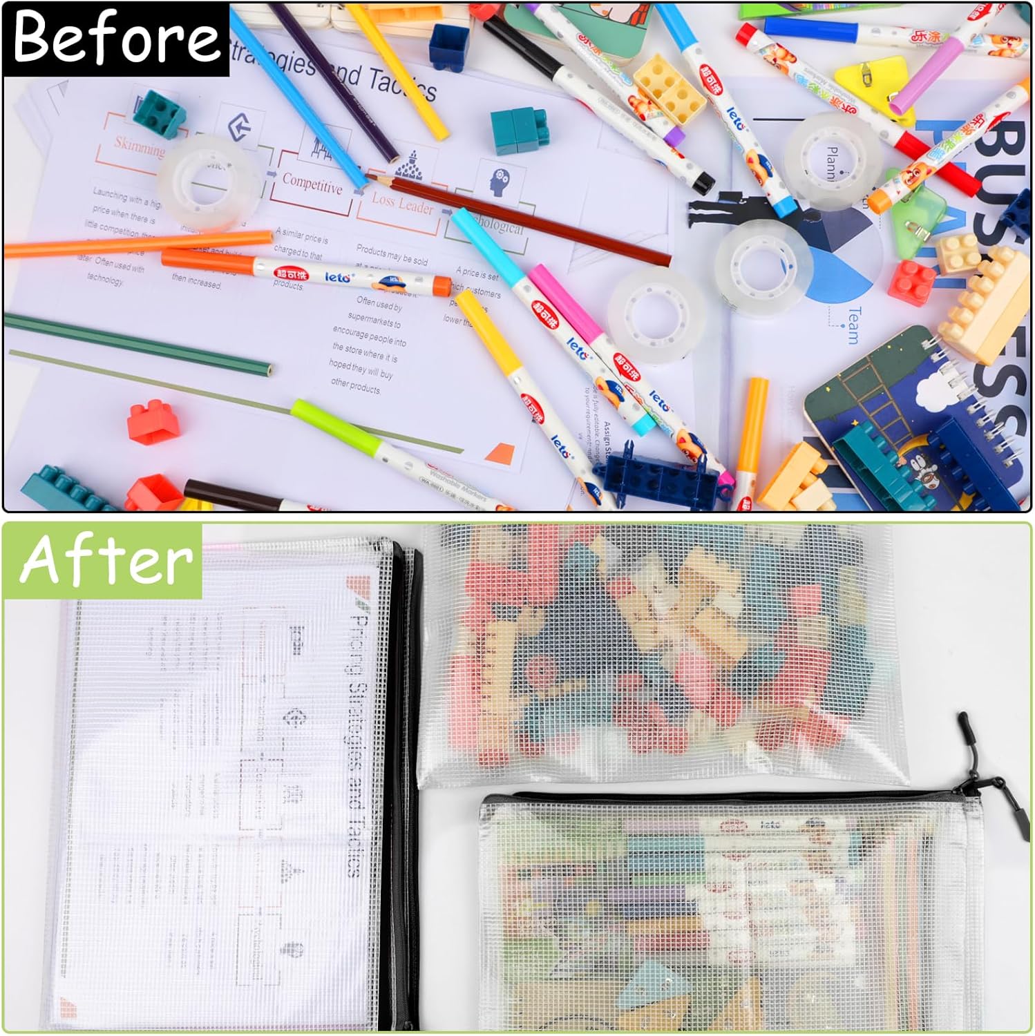 24pcs Mesh Zipper Pouches, A3 Size 17 x 12 inches Waterproof Black Zipper Bags, Water-Resistant Plastic Zipper Pouch for School Office Supplies, Puzzles & Games Organizing Storage