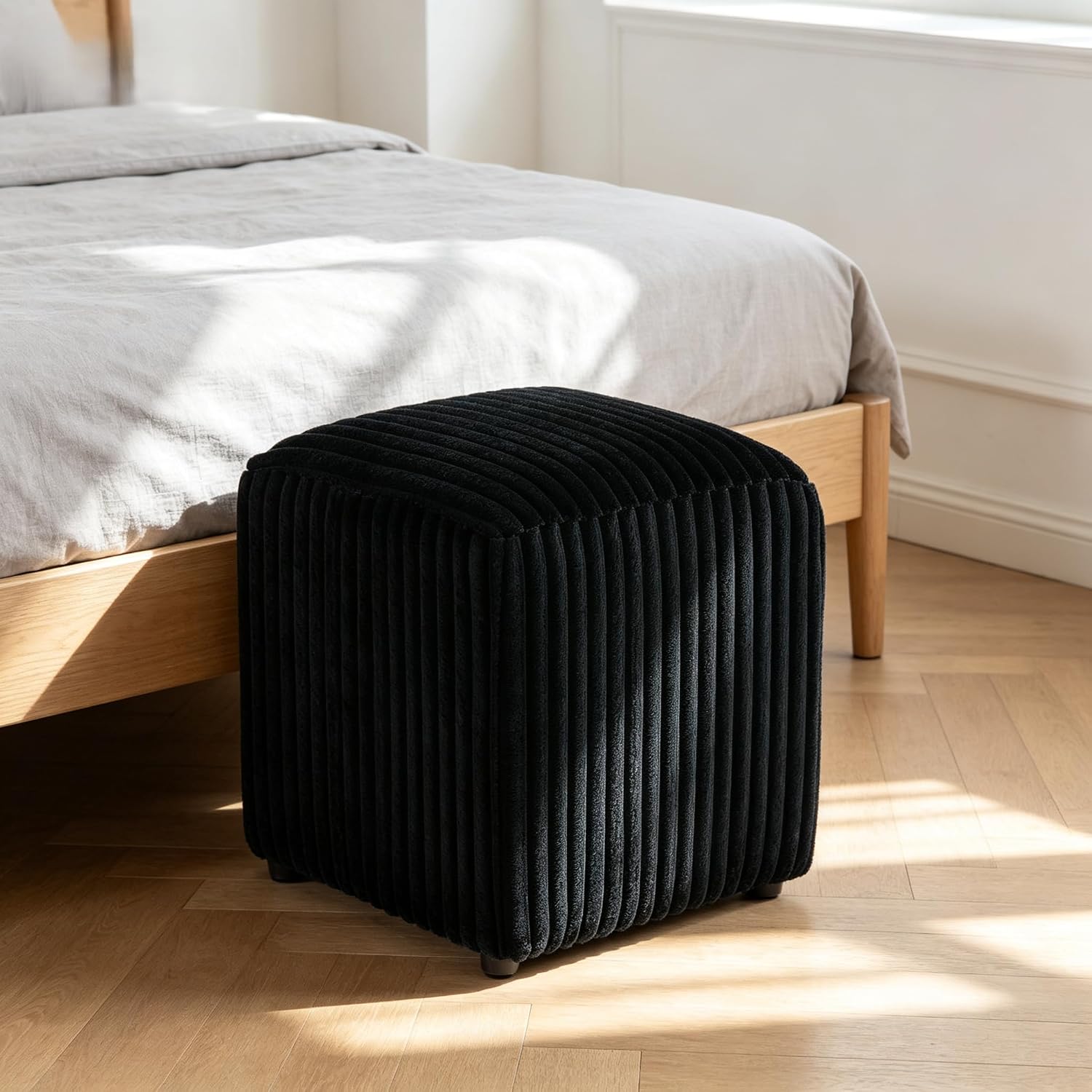 YDcosyfy Modern Cube Ottoman Set of 2, Corduroy Vanity Stool Footrest, Upholstered Stool for Makeup, Bedroom, Living Room, Black