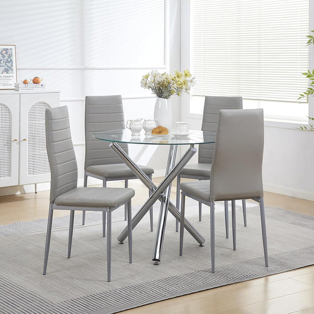 Round Glass Dining Room Set for 4 Modern Clear Silver Kitchen Table and Faux ...