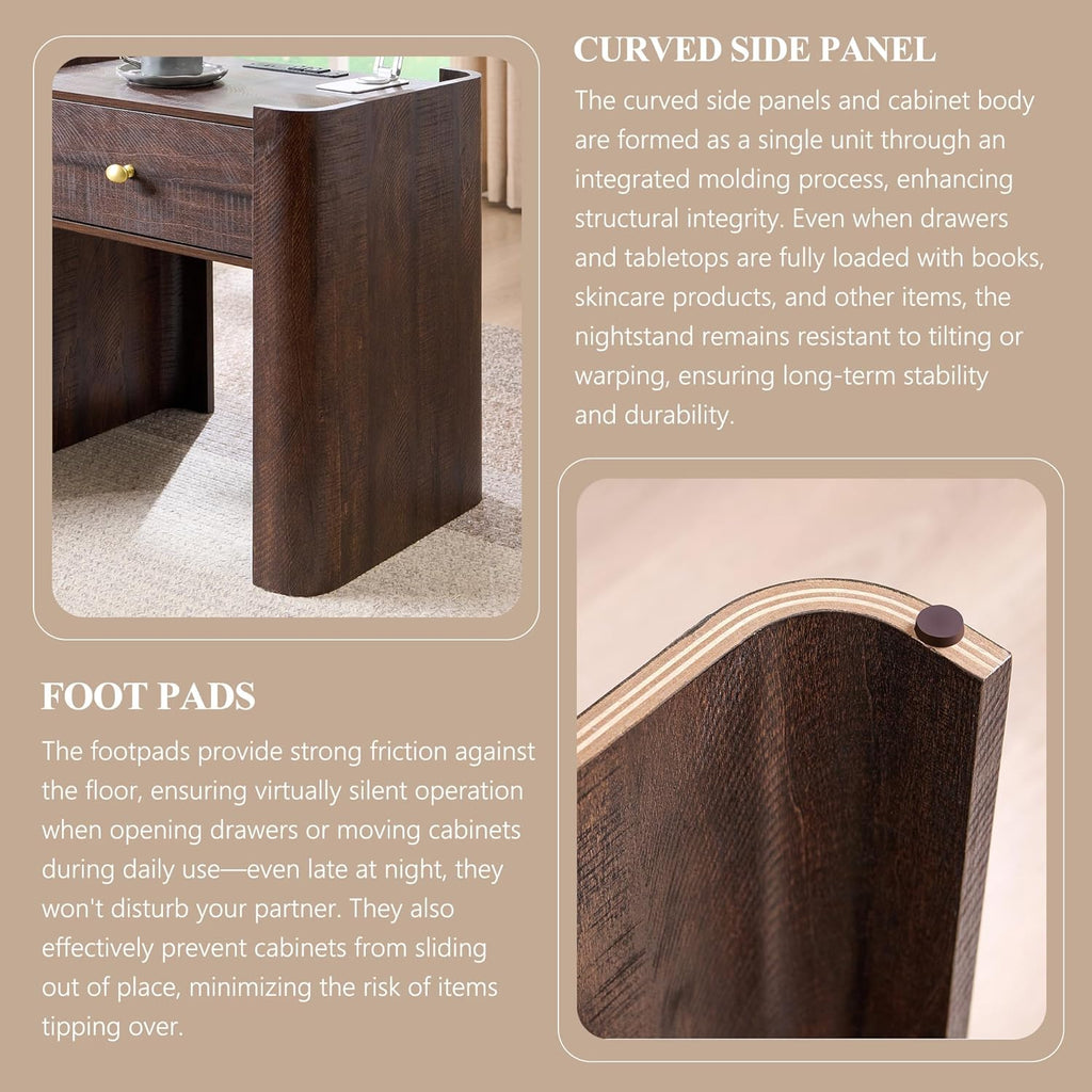 23.6" Tall Modern Nightstand Set of 2, 22" Wide Curved Bedside Table with Charging Station, Wooden Night Stand with 1 Storage Drawer, Large End Table for Bedroom, Living Room, Brown