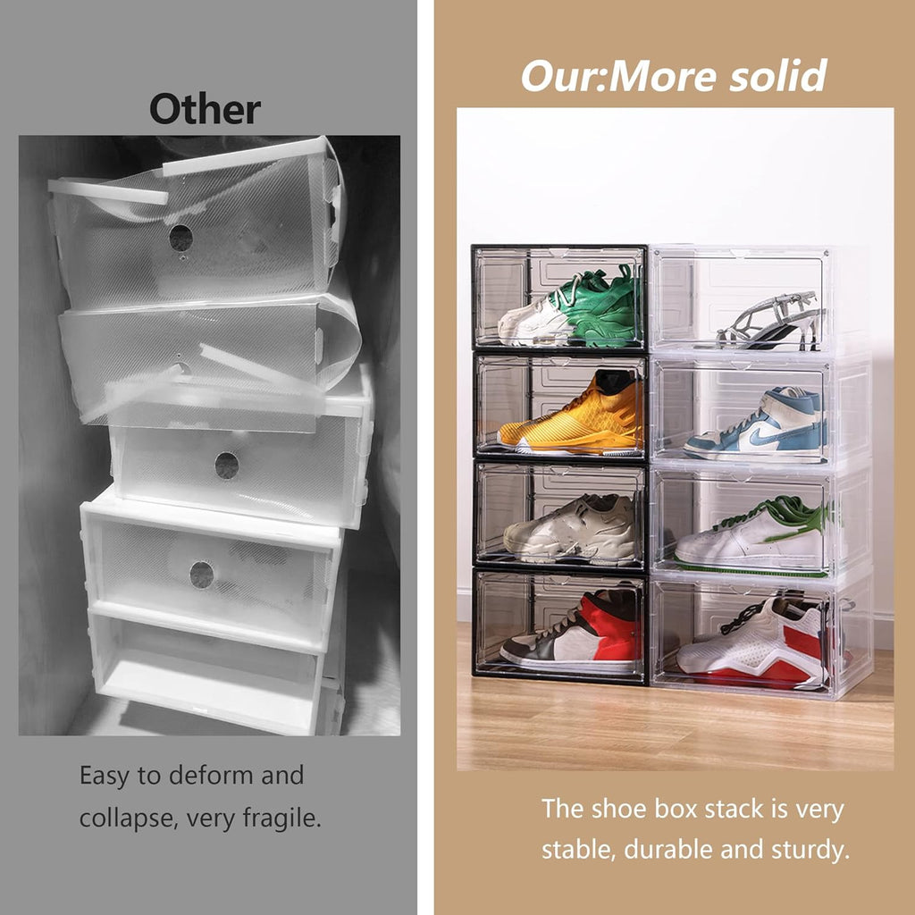 Attelite Large Clear Shoe Box Organizer,Plastic Stackable Shoe Storage Box with Magnetic Door, Large Clear Door Shoe Containers for Display Sneakers, Easy Assembly（Black）