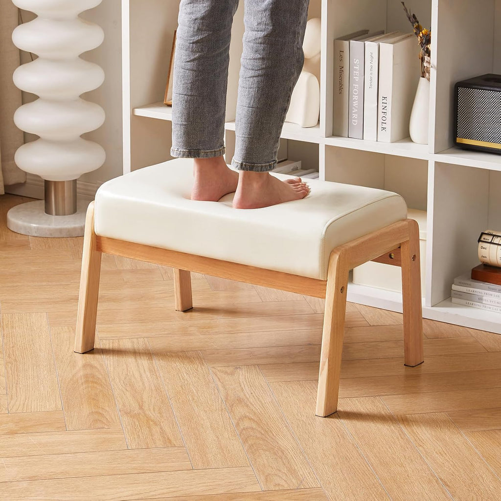 IBUYKE 14.2” H Large Foot Stool Ottoman, Rectangle PU Faux Leather Foot Rest with Padded Seat and Wood Legs, Modern Ottoman Foot Rest for Accent Chair Living Room Bedroom Couch Office, White WBD031W