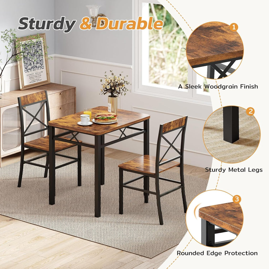 Zevemomo 3-Piece Dining Table Set, Dining Table for 2, Small Table and Chairs Set of 2, Breakfast Nook Table Set with 2 Curved Backrest Chairs, for Small Spaces & Apartment-Brown