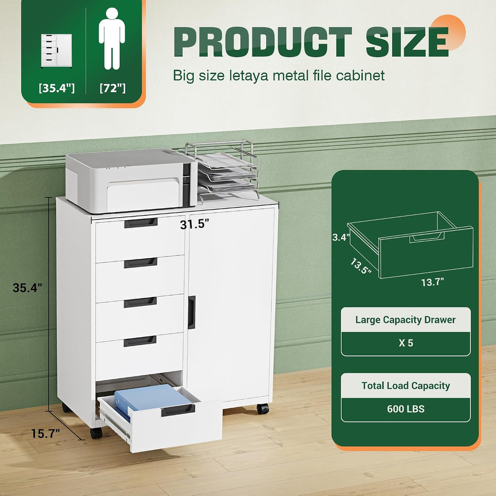 Letaya 5 Drawer Storage Cabinet, Mobile Printer Stand for Home Office,Dresser...