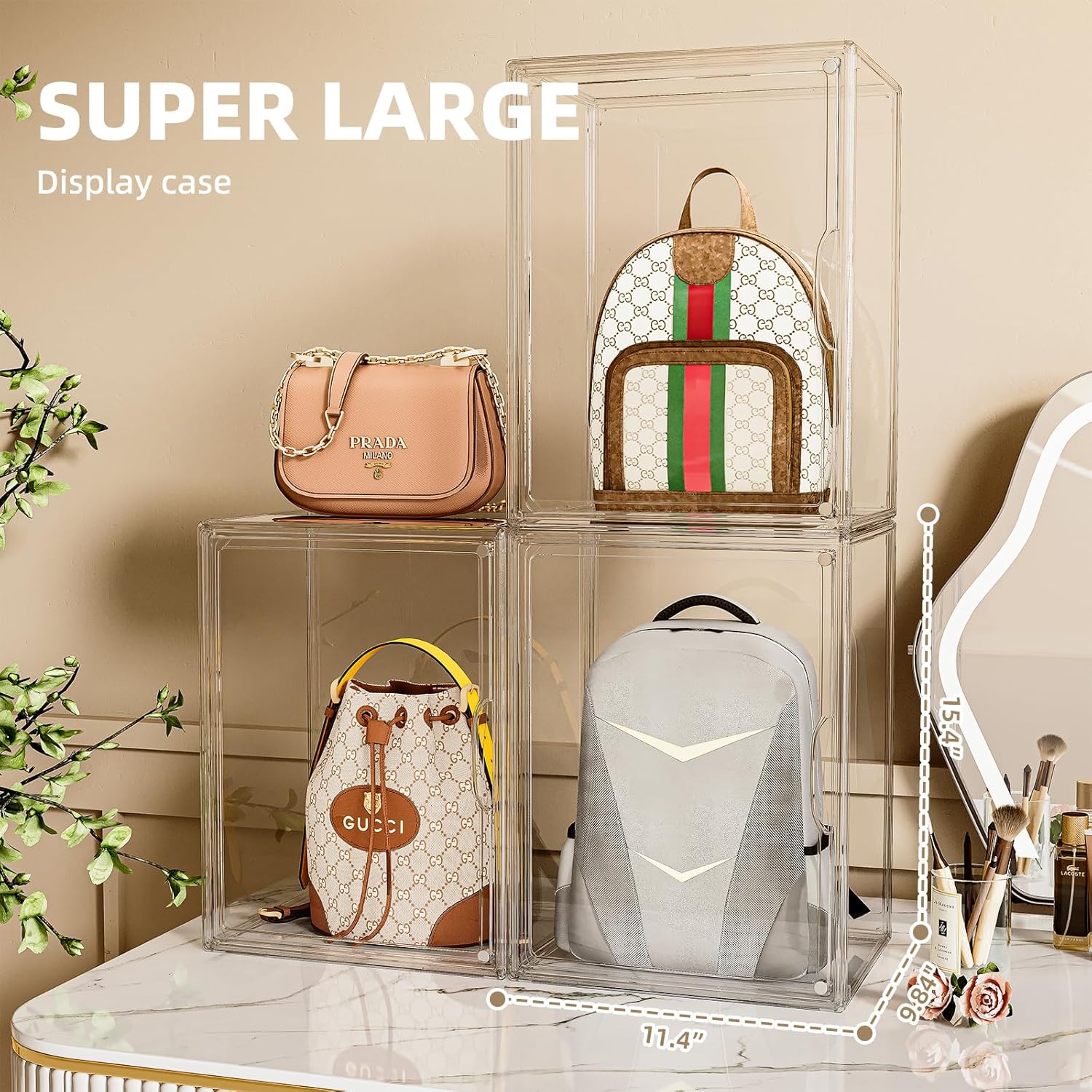 Purse Storage Organizer for Closet 3 Packs Clear Handbag Storage Organizer Acrylic Display Case for Collectibles Stackable Bag Organizer with Magnetic Door for Backpack, Figure, XXX-Large
