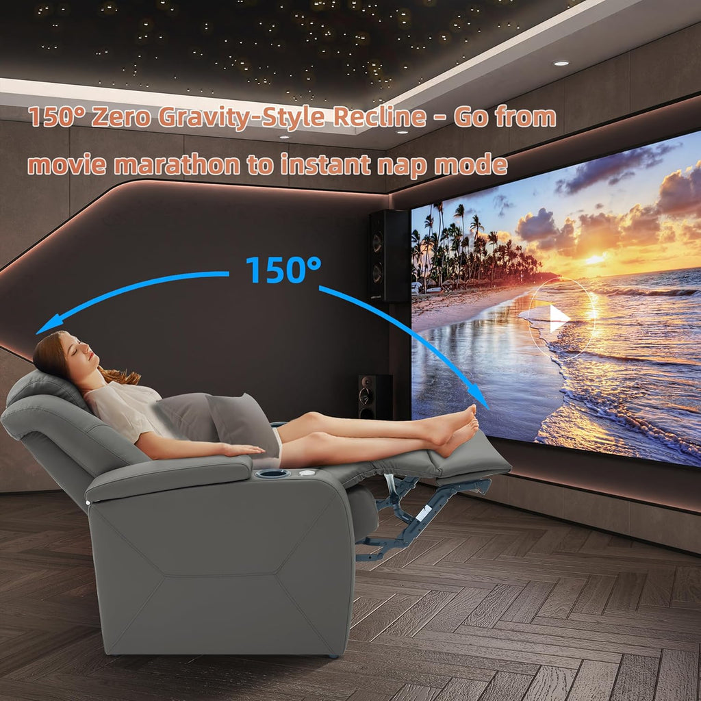 Home Theater Seating, Classic Series Leather Movie Theater Chairs, Power Headrest and Memory with C-Type USB Charger, 7-Color Ambient Lighting and Tray Table, Gray Power Adjustable Recliner(Row of 2L)