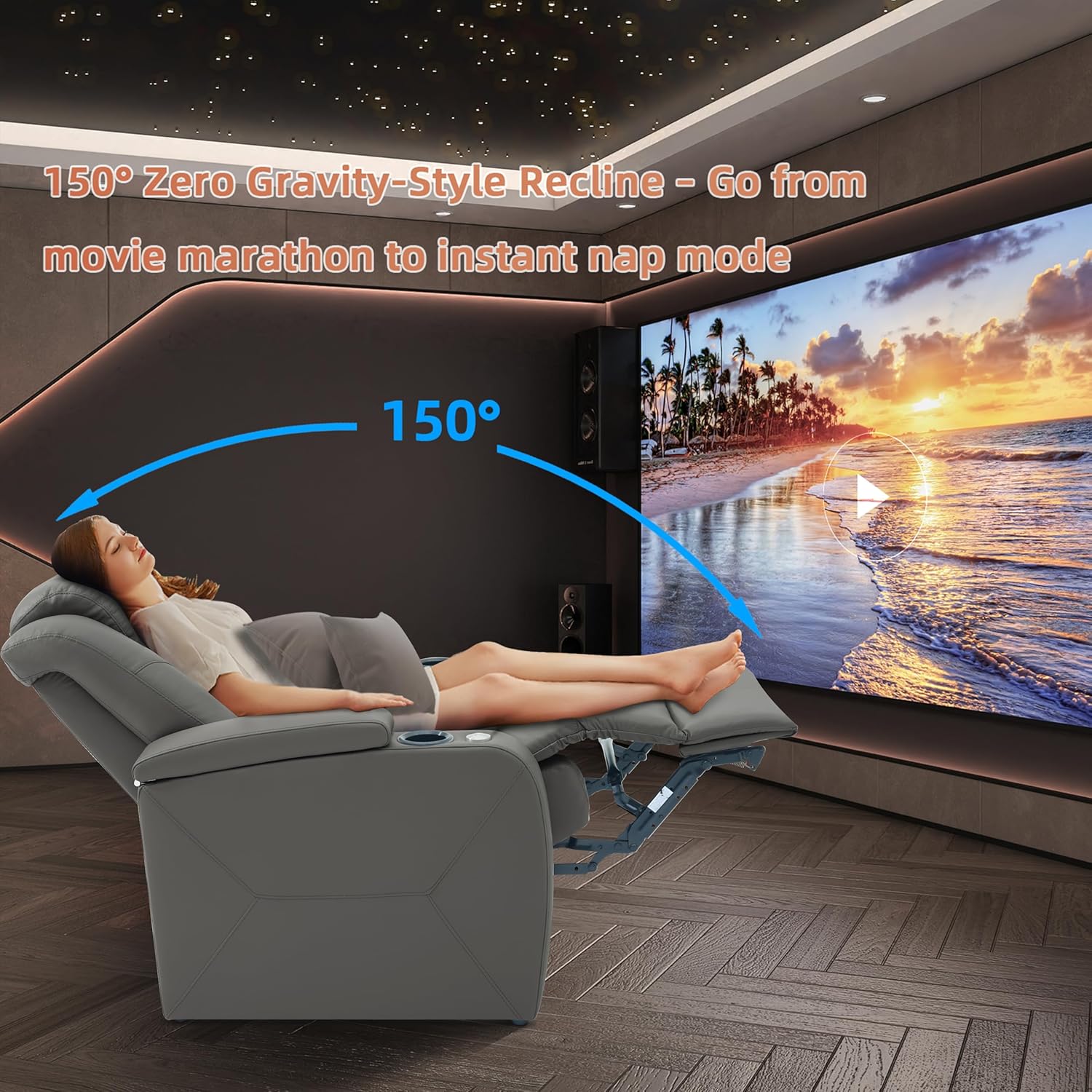 Home Theater Seating, Classic Series Leather Movie Theater Chairs, Power Headrest and Memory with C-Type USB Charger, 7-Color Ambient Lighting and Tray Table, Gray Power Adjustable Recliner(Row of 2L)
