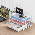 Marbrasse Desk Organizer and Accessories4-Tier Paper File Letter Tray Accessories & Workspace Desk Organizers with Drawer and 2 Pen Holders for School Home Office Supplies (White)