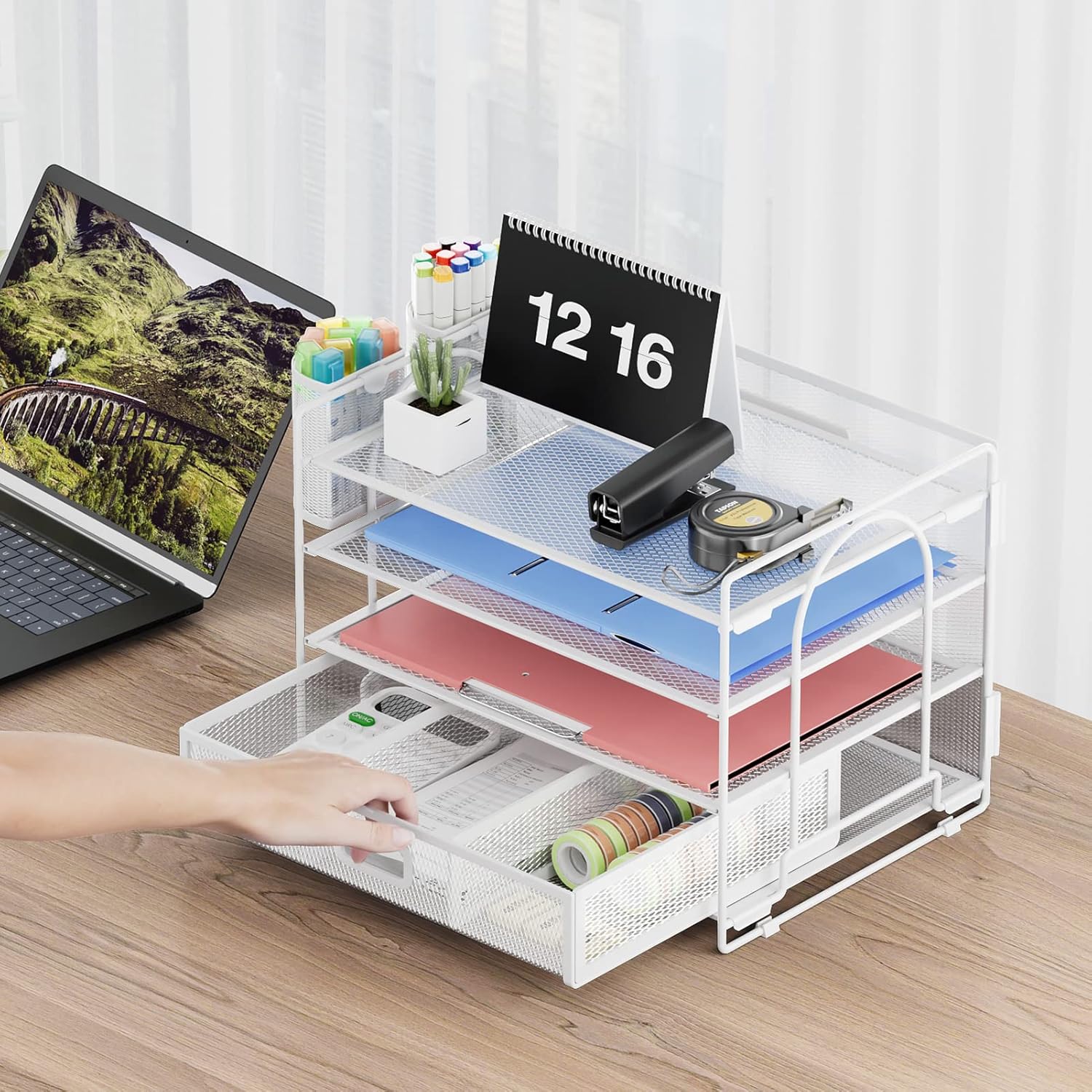 Marbrasse Desk Organizer and Accessories4-Tier Paper File Letter Tray Accessories & Workspace Desk Organizers with Drawer and 2 Pen Holders for School Home Office Supplies (White)