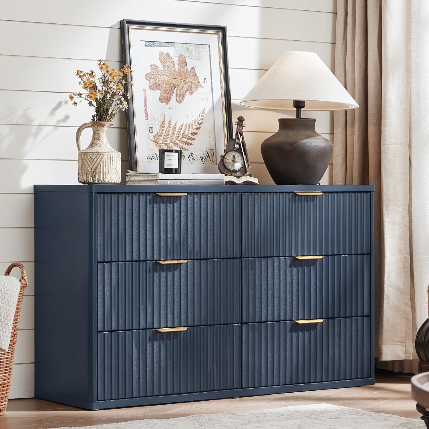 LEYAOYAO Fluted 6 Drawers Dresser Set of 2, 48" Wide Modern Chest of Drawers with Wood Grain Top, Curved Profile Design, Dresser TV Stand, Wooden Drawer Organizer for Bedroom, Living Room,Hallway,Blue
