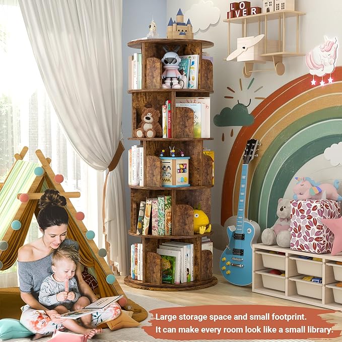 Rotating Bookshelf Tower, 5 Tier Spinning Bookcase, Revolving 360 Book Shelf ...