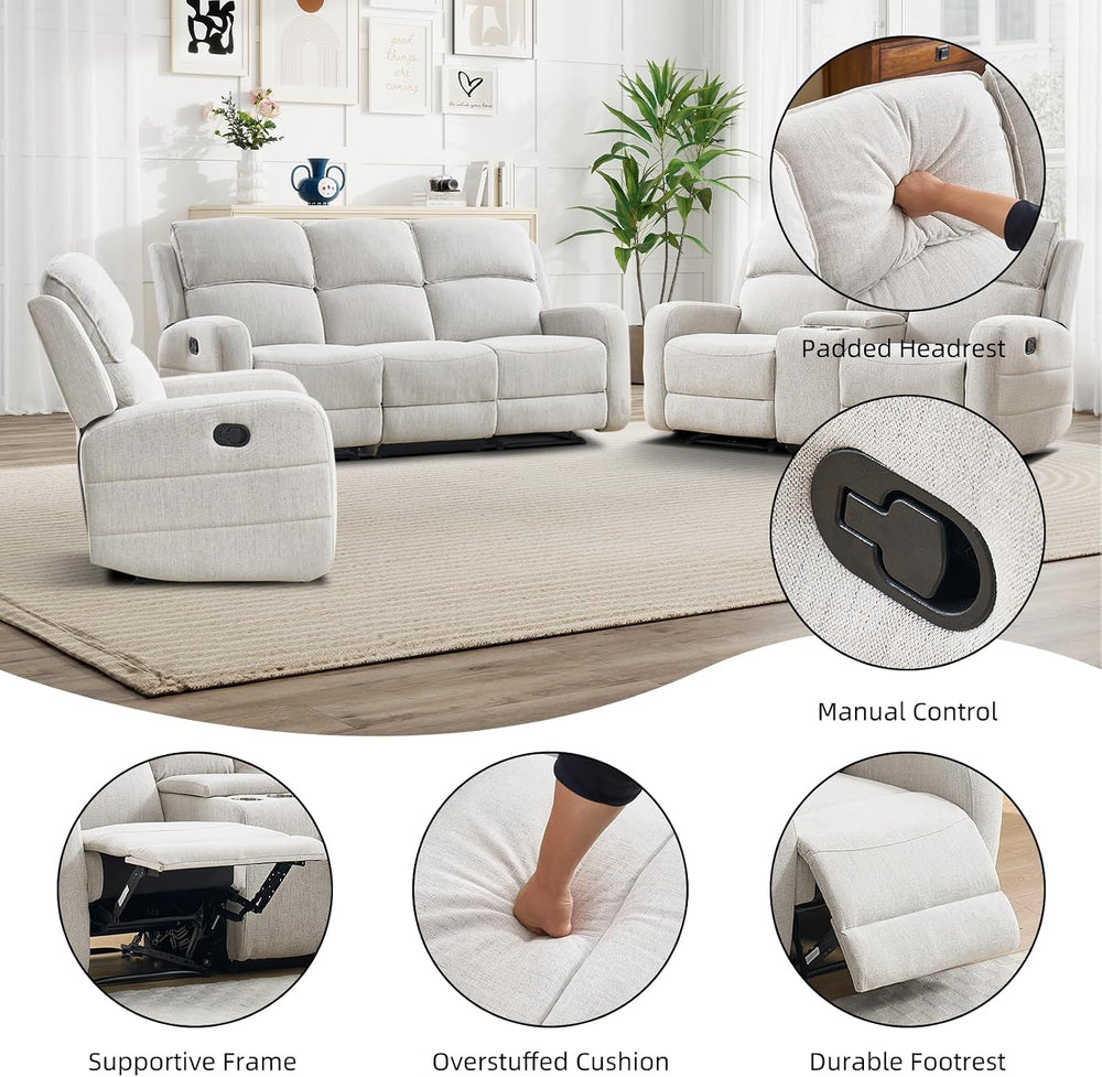 EBELLO Manual Living Room Furniture Reclining Couch Set, Soft Fabric Loveseat...