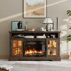 58" Farmhouse TV Stand with 23" Fireplace for TVs up to 80", Media Entertainment Center with Adjustable Shelves and Large Storage Cabinets, for Living Room, Brown & Black