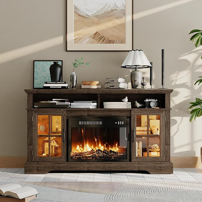 58" Farmhouse TV Stand with 23" Fireplace for TVs up to 80", Media Entertainment Center with Adjustable Shelves and Large Storage Cabinets, for Living Room, Brown & Black