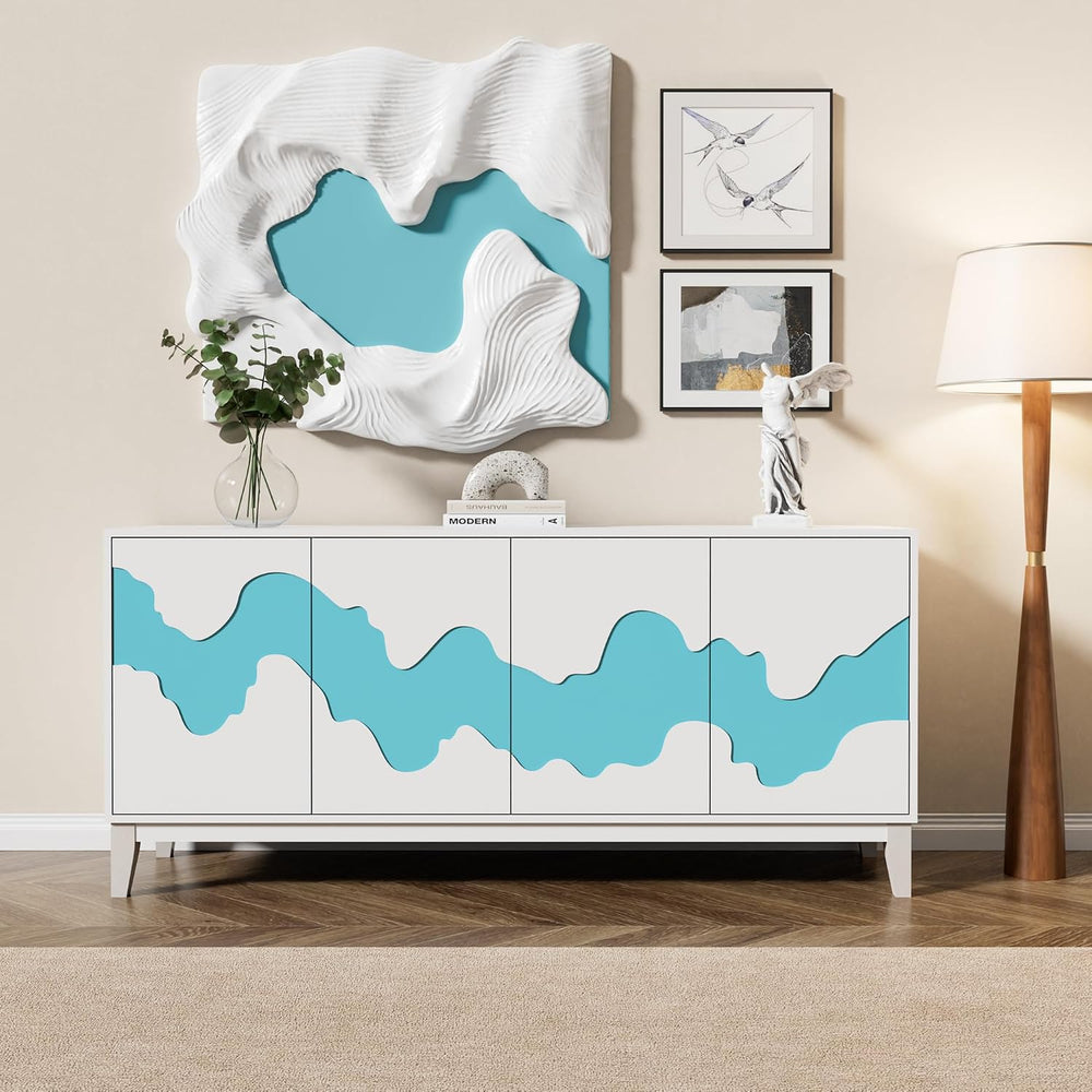 Anbuy Modern 4 Door Sideboard Buffet Cabinet with Storage Blue Water Stream D...