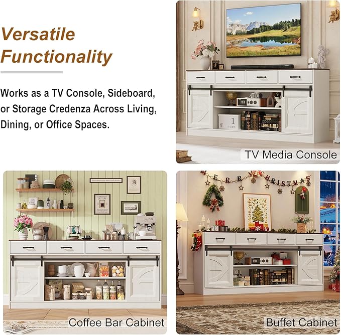 St.Mandyu 70" Large Farmhouse TV Stand for 85/80/75/70 Inch TVs w/4 Drawers,Rustic Tall Media Console w/Sliding Barn Door, Adjustable Shelves,Tall Entertainment Center for Living Room,White