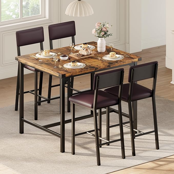 IDEALHOUSE Dining Table Set for 4 w/Footrest & Corner Protector, 5-Piece Kitchen Table Set with Counter Height Table & 4 Upholstered Bar Stools, for Kitchen Room, Apartment, Pub,Retro Brown
