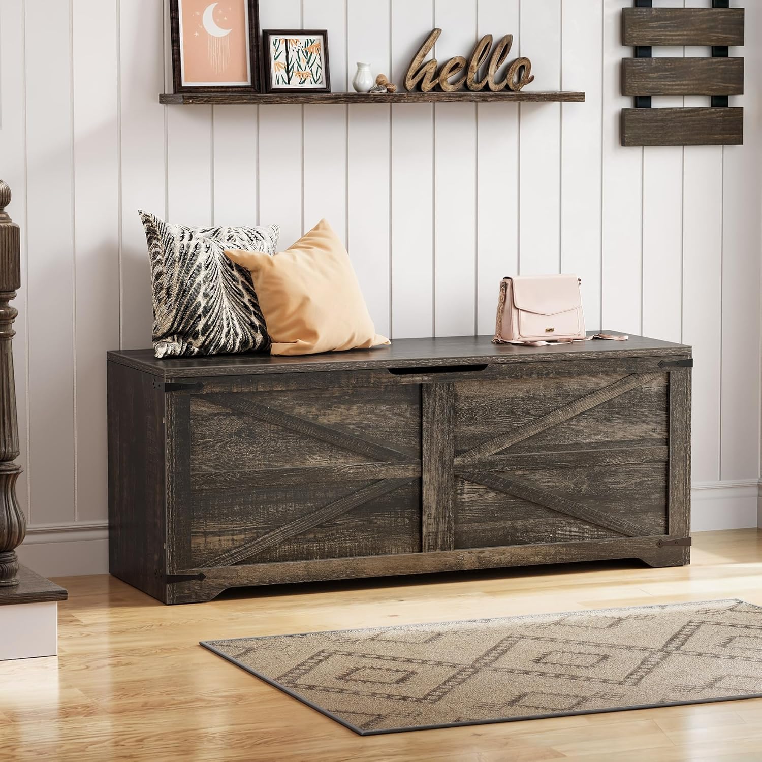 DWVO Wooden Storage Bench, Farmhouse Storage Chest with Safety Hinges, Entryway Shoe Organizer, Multi-Use Storage for Living Room/Bedroom, 47.2" L, Dark Rustic Oak | 2 slow-close safety hinges, large hidden storage, multi-use for entryway bedroom living