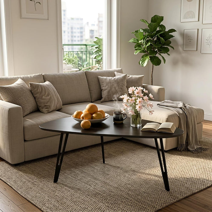 Manora Small Black Coffee Table, Modern Irregular Oval Wood Top with Tapered Metal Legs, Living Room Accent Table, 39.3"x21.6"x17" Low-Profile Table