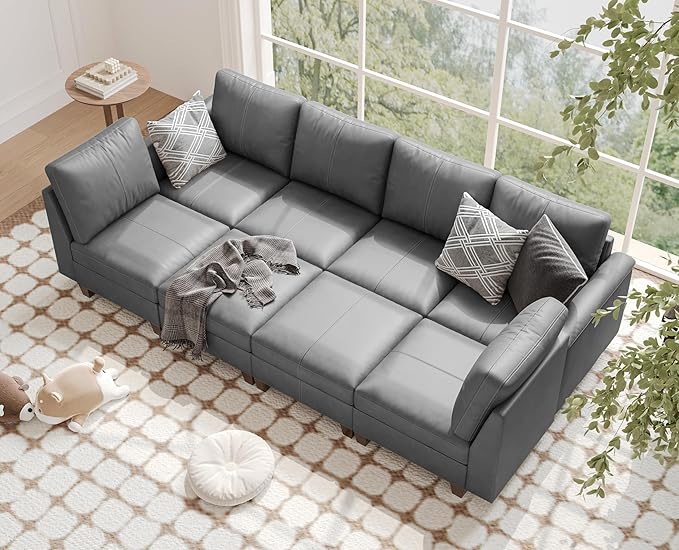 SITJOY 118" Faux Leather Modular Sectional Sofa with Storage, Mid Century Modern Sectional Couches for Living Room, Soft Padded Armrests, 8 Seat Sofa Bed, Gray