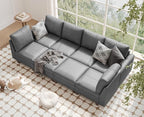 SITJOY 118" Faux Leather Modular Sectional Sofa with Storage, Mid Century Modern Sectional Couches for Living Room, Soft Padded Armrests, 8 Seat Sofa Bed, Gray