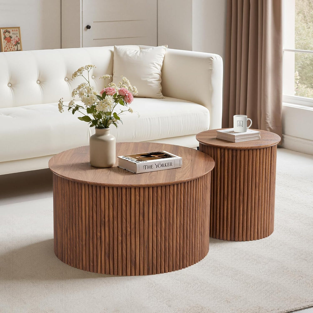 Fluted Round Nesting Coffee Table Set of 2, Mid Century Modern Wood Coffee Ta...
