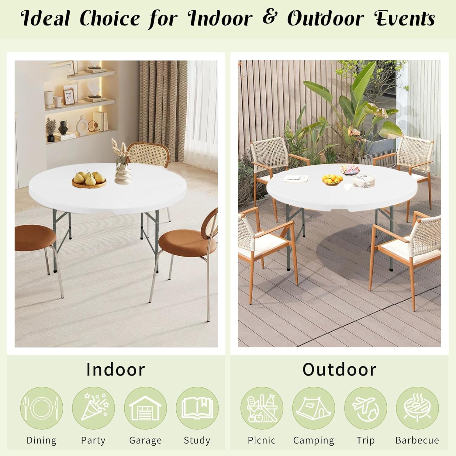 Fivenl 5 FT Round Folding Tables White Foldable Table, Fold-in-Half with Carrying Handle Portable Plastic Table for Party, Dining, Wedding, Camping, Picnic, Indoor Outdoor Events