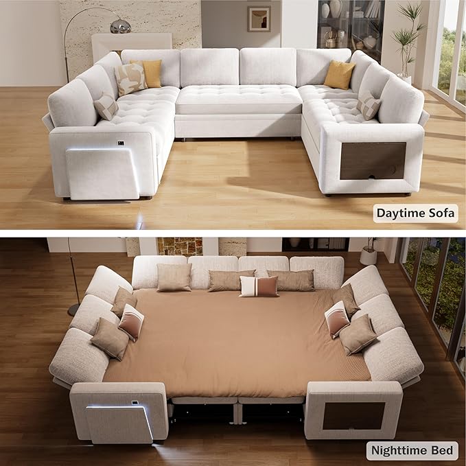 Vipbear 8 Seat U Shaped Modular Sectional Sleeper Sofa with Pull Out Bed/Reclining Backrest/USB Ports/Table/LED Light/Storage Seat, Sectional Sleeper Couch, Tool-Free Assembly, Chenille Beige