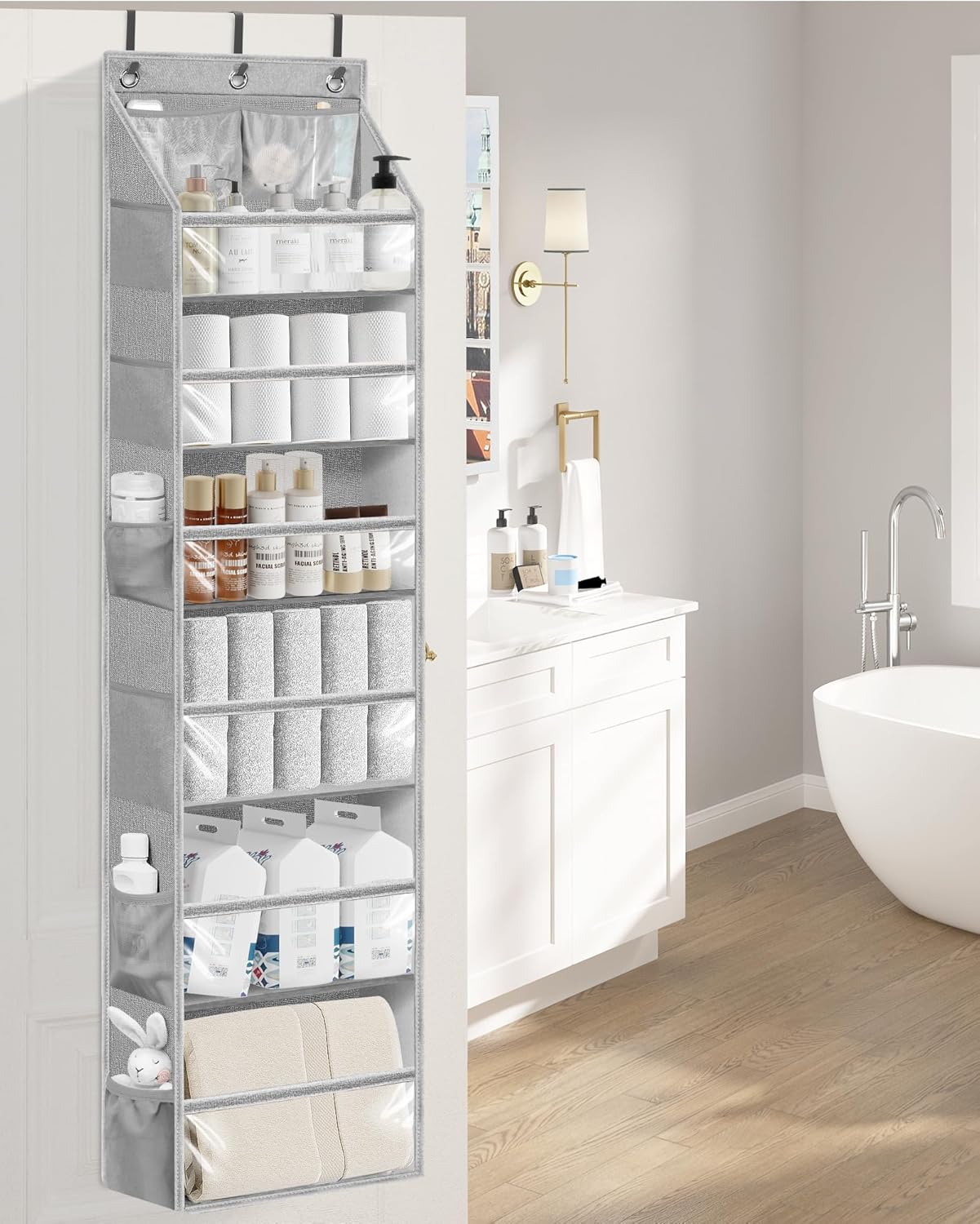 STORAGE MANIAC Over the Door Organizer 6-Shelf Closet Hanging Storage with 14 Mesh Pockets, 66lbs Capacity Clear Deep Pockets Behind Door Storage for Nursery, Bathroom, Bedroom, 1 Pack Grey