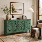 Green Sideboard Cabinet with Carved Doors, Green Buffet Cabinet, Vintage Cabinet with Storage Shelves, Farmhouse Storage Cabinet for Dining Room, Living Room & Entryway