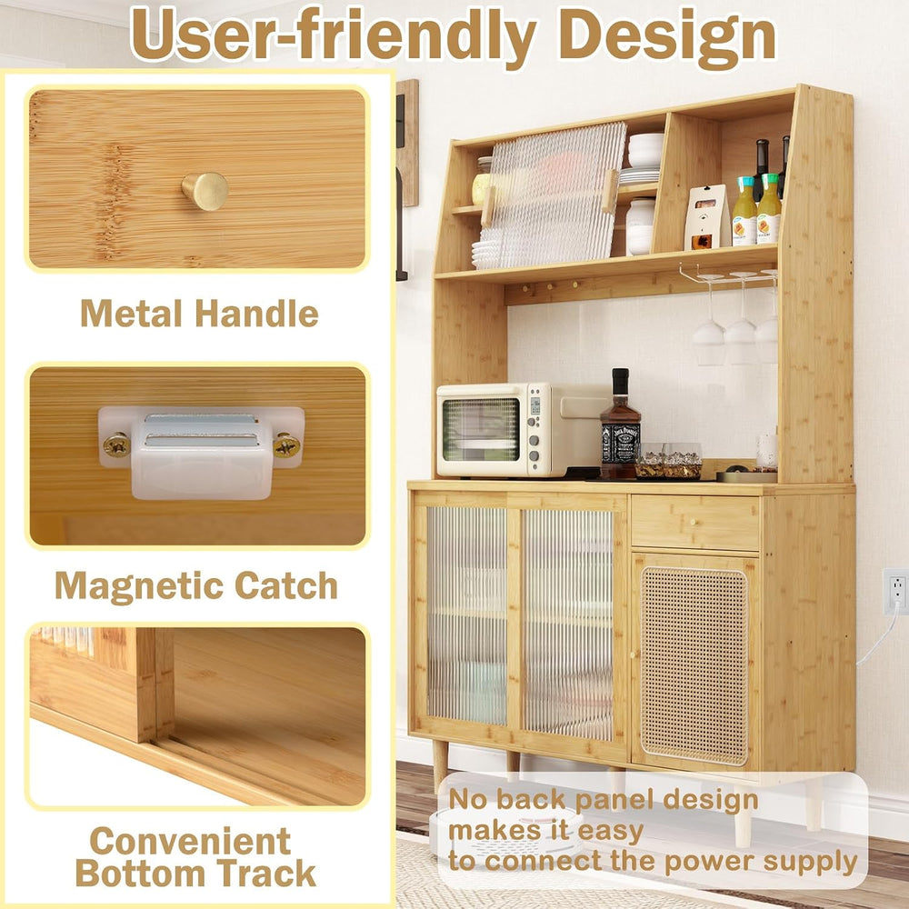 LOKO 69” Tall Bamboo Pantry Cabinet with Hutch, Kitchen Buffet Sideboard with...