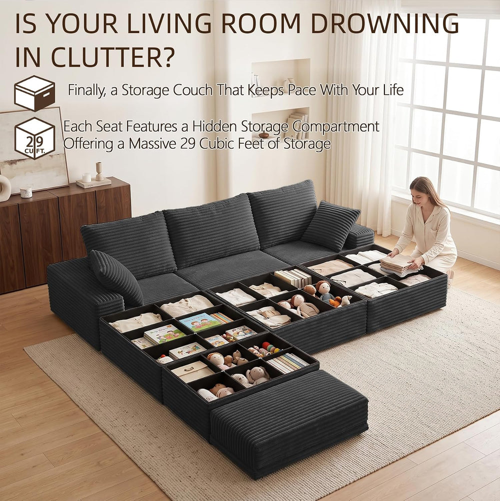 107" L-Shaped Modular Sectional Sofa with Movable Ottoman, Oversized Bon...