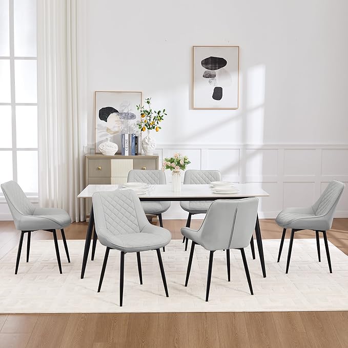 Dining Chair Set of 6, Modern Dining Chairs with Thick Cushions, Faux Leather Upholstered Kitchen Dining Room Chairs with Metal Adjustable Legs for Dining Living Room, Light Grey