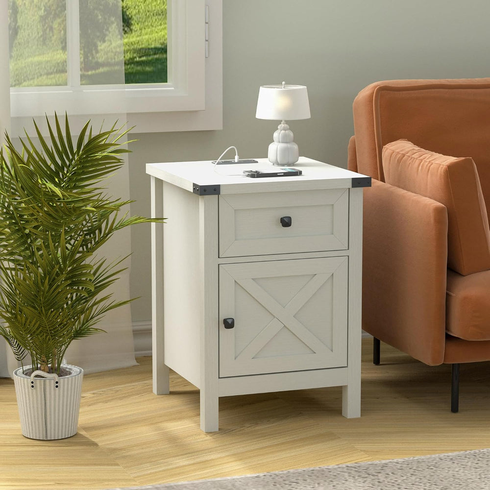 Farmhouse Nightstand with Charging Station, White Side Table, Rustic End Tabl...