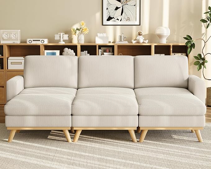 Vesgantti 97" Modular Sectional Sofa Light Gray, Sectional Couch with Movable Ottoman, Comfy Corduroy Couch with Spring Cushion, Modular Sofa with Deep Seat for Living Room, Bedroom and Apartment