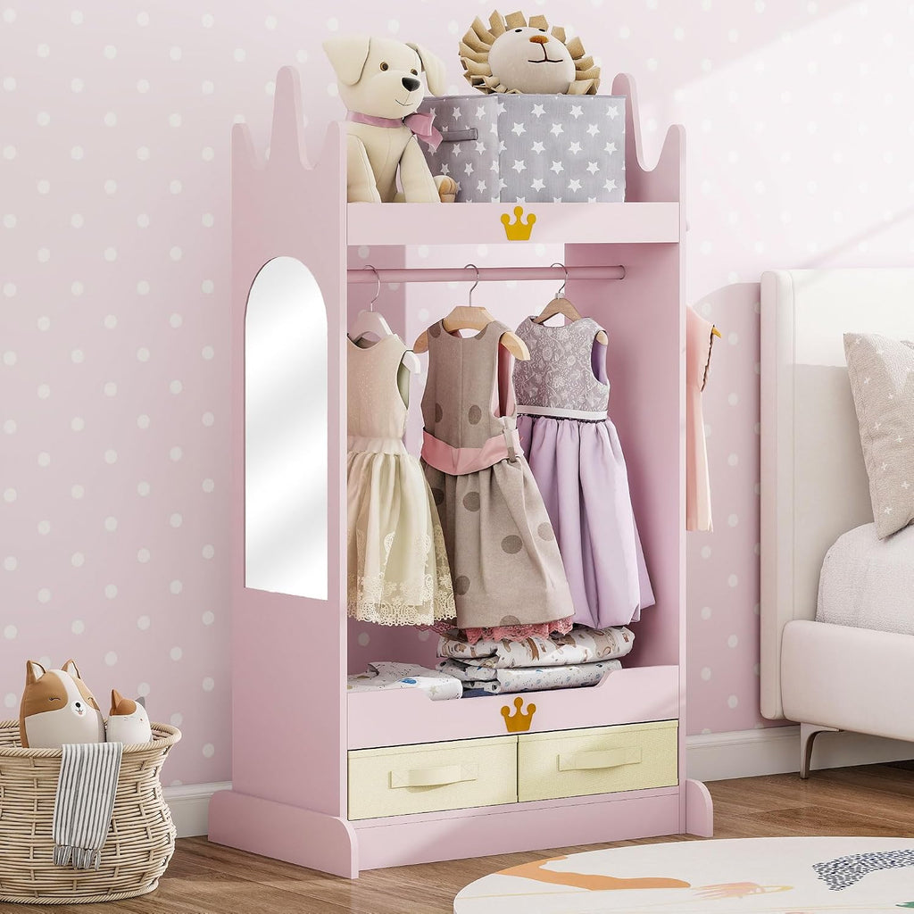 FTZxHKLX Kids Dress Up Storage with Mirror, Kids Open Hanging Armoire, Pink | Open Hanging Armoire Closet with Storage, Costume Storage Dresser with 3 Hooks, Crown-Shaped Design, Princess Style