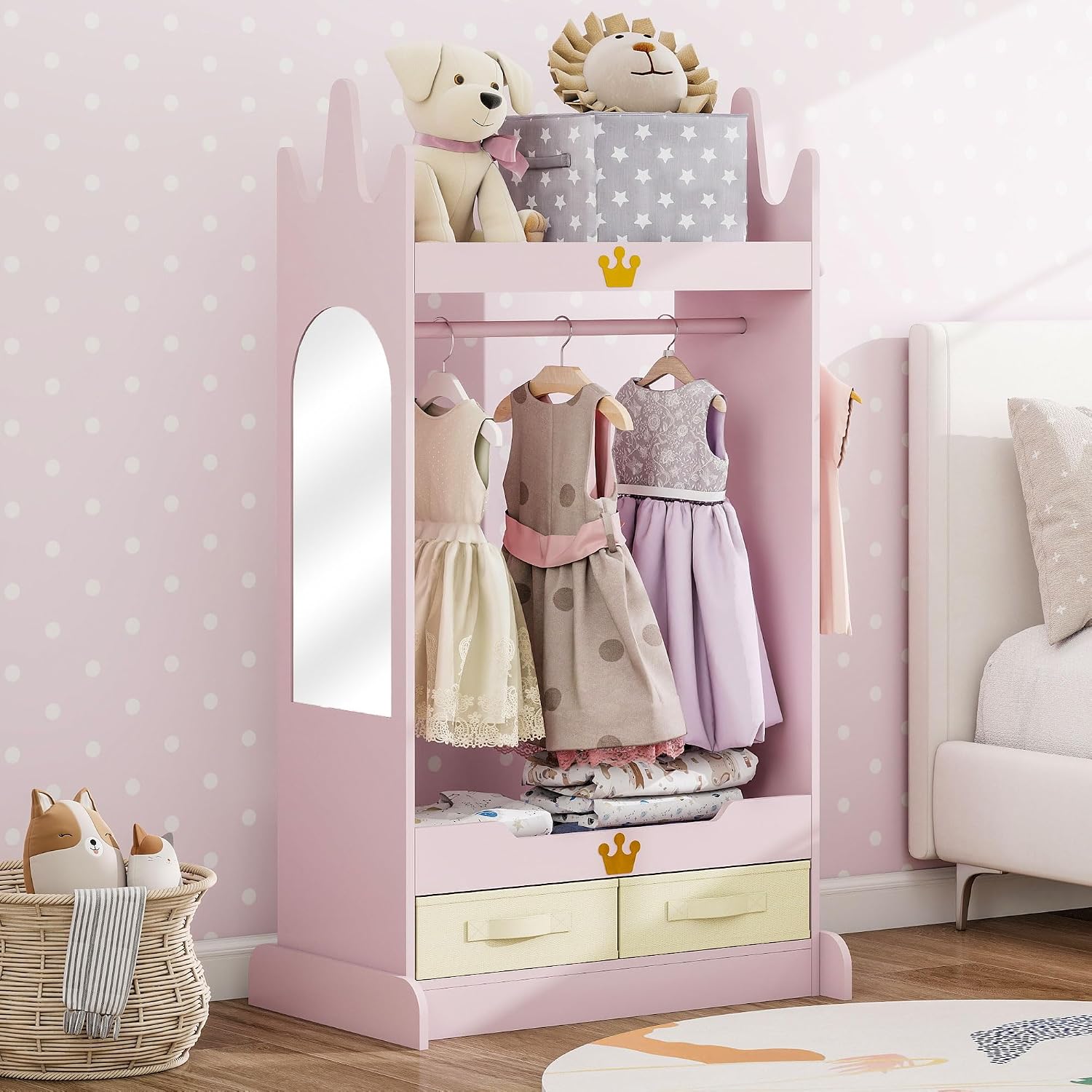 FTZxHKLX Kids Dress Up Storage with Mirror, Kids Open Hanging Armoire, Pink | Open Hanging Armoire Closet with Storage, Costume Storage Dresser with 3 Hooks, Crown-Shaped Design, Princess Style