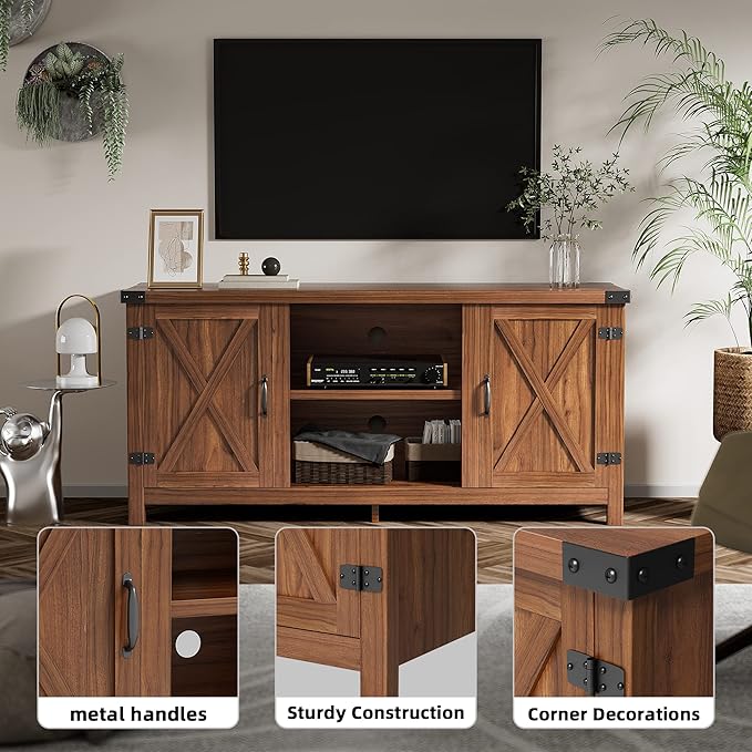 JUMMICO TV Stand, 65 Inch TV Farmhouse Entertainment Center with Double Barn Doors and Storage Cabinets, Console TV Table Media for Living Room, Bedroom (Walnut)