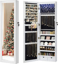SONGMICS 6 LEDs Mirror Jewelry Cabinet, 47.2-Inch Tall Lockable Wall or Door Mounted Jewelry Armoire Organizer with Mirror, 2 Drawers, Christmas Gift, 3.9 x 14.6 x 47.2 Inches, White