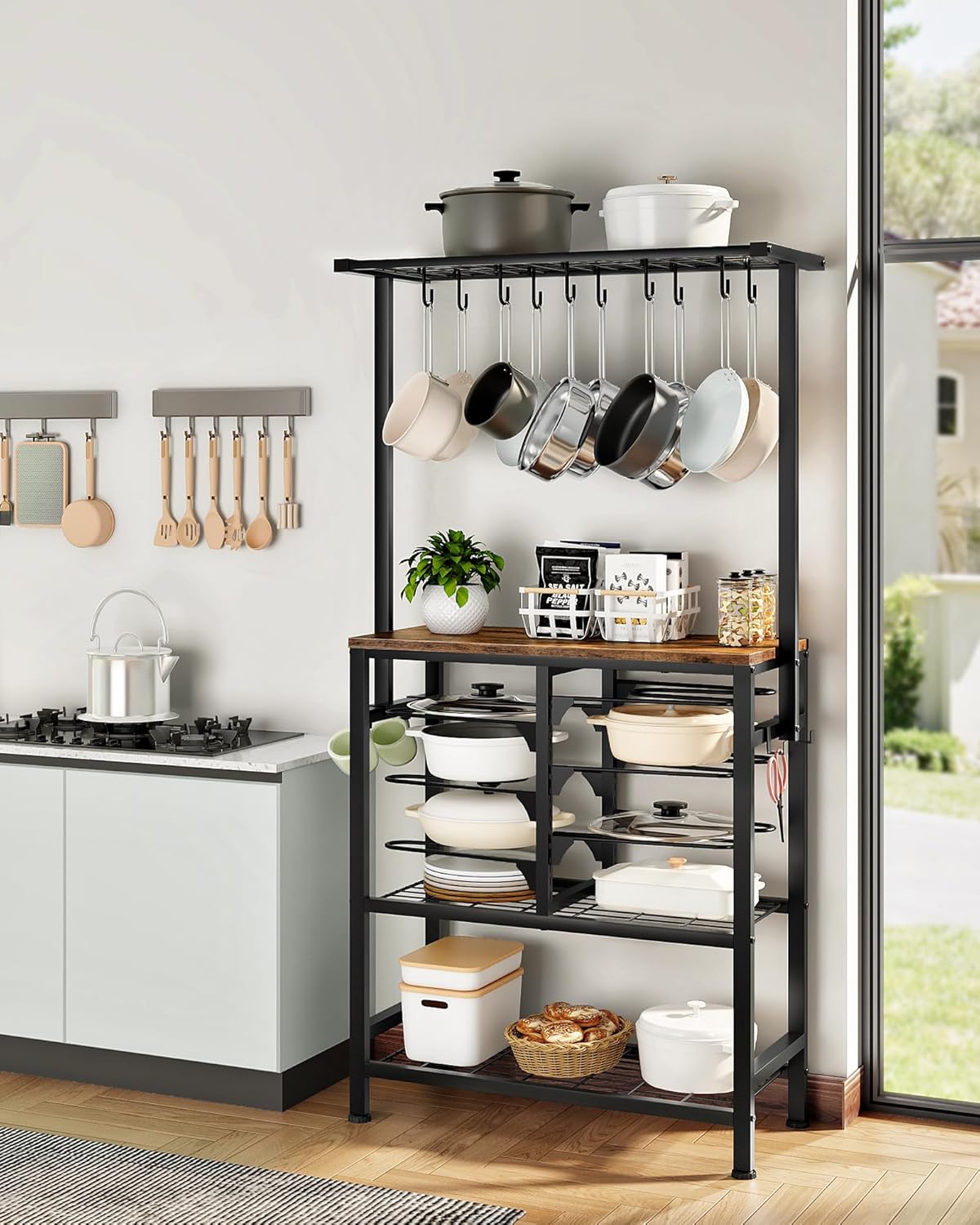 CHOEZON Pots and Pans Organizer Rack, Kitchen Bakers Rack, Multi-Tier Storage Shelf, Kitchen Island Table, Cooking Rack with Pots and Pans Storage, Rustic Brown and Black TPR60BF