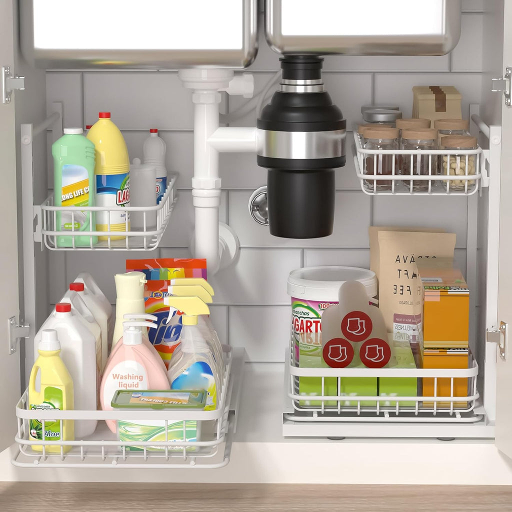 Under Sink Organizer, Adjustable Height Pull-Out Kitchen Storage Organization,15.8" x 11.8" x 16.5", 2-Tier Kitchen Shelf, Bathroom Drawer Organizer, 2 Pack|White