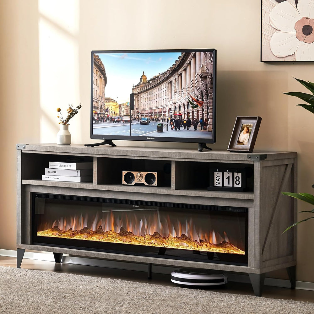 AMERLIFE 65" Fireplace TV Stand with 60" Glass Electric Fireplace, ...
