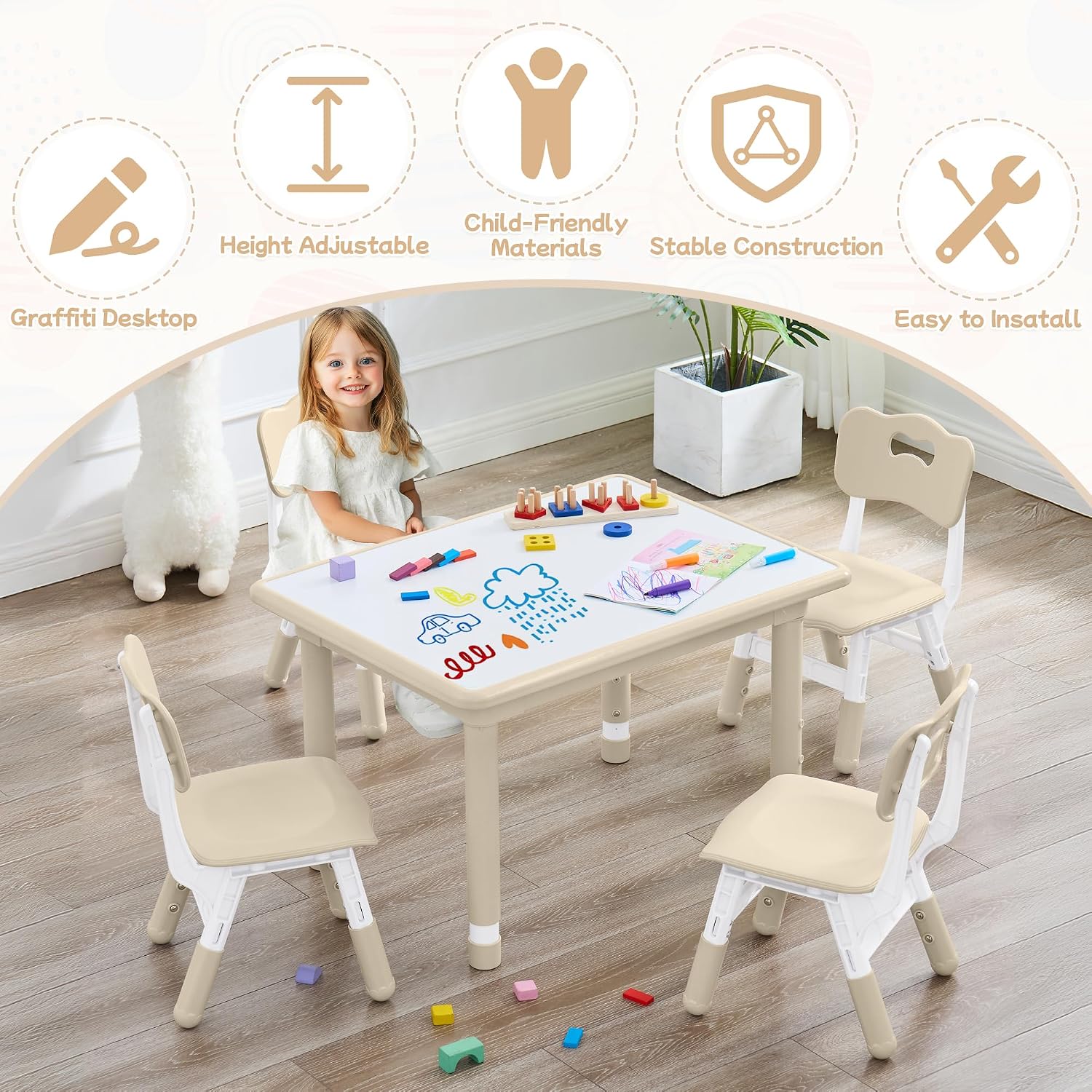 GITAWUSA Toddler Table and Chair Set, Height Adjustable-Upgrade Kids Table and 4 Chairs for Ages 3-8, Multi-Activity Toddler Play Table with Graffiti Desktop for Home/Daycare (4Chairs Beige)