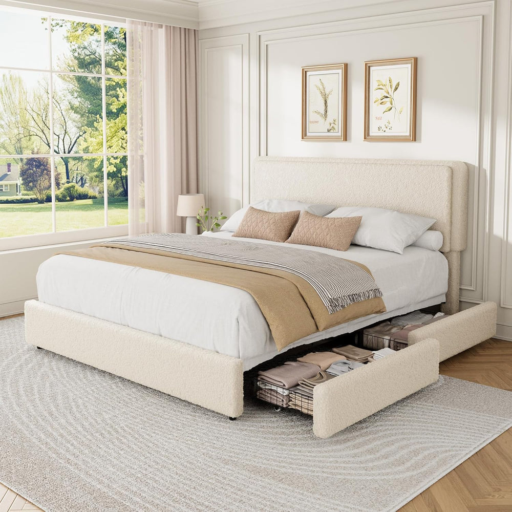 GarveeHome Queen Size Bed Frame with 2 Storage Drawer, Cream Beige